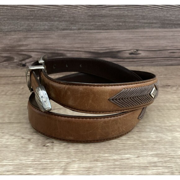 Roundtree and Yorke Brown Leather Belt Mens 38 Embellished Brass Western Concho - Picture 2 of 16